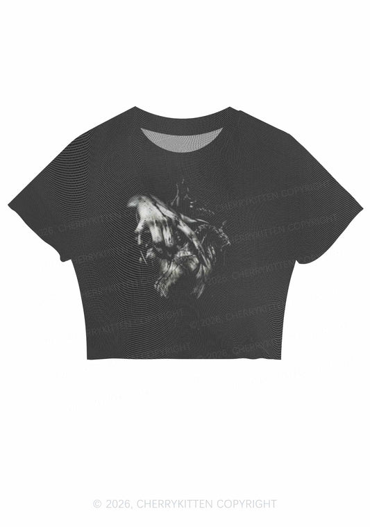 Halloween Monster Hand Bleeding Heart Y2K Mesh Crop Top Cherrykitten