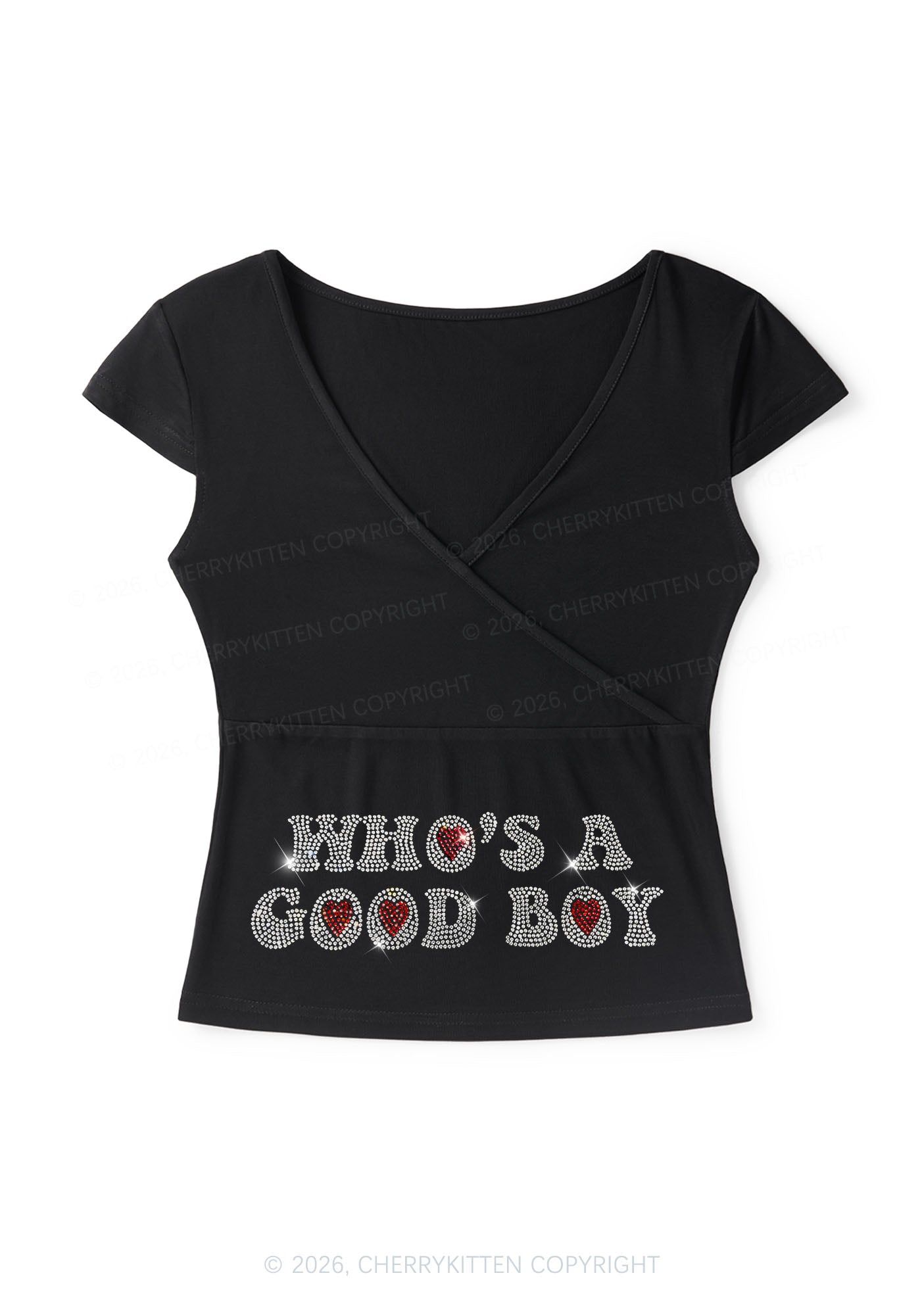 Rhinestone Whos A Good Boy Y2K Wrap V Neck T Shirts Cherrykitten