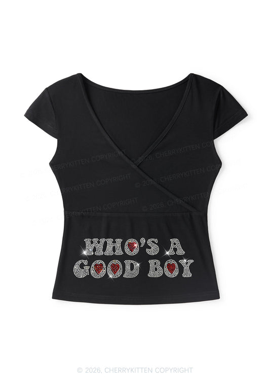 Rhinestone Whos A Good Boy Y2K Wrap V Neck T Shirts Cherrykitten