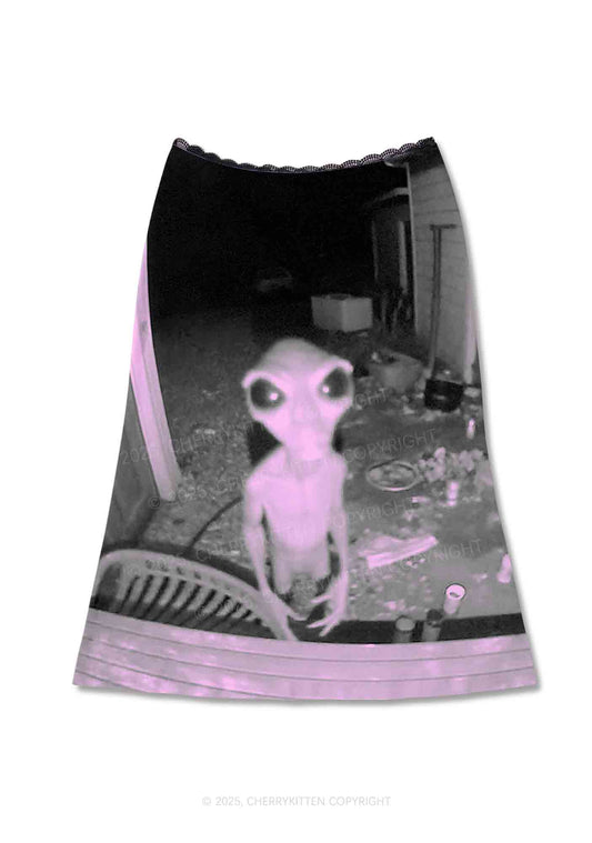 Halloween Alien Visitor Y2K Print Midi Skirt Cherrykitten