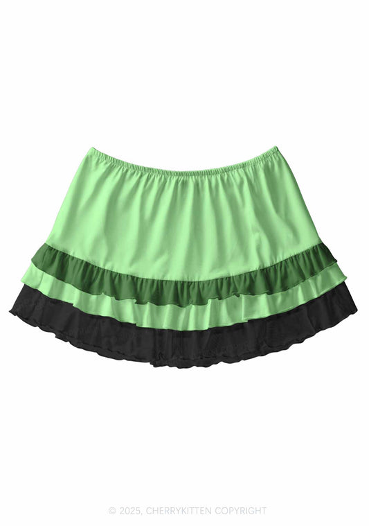 Plain Green Y2K Print Mini Layered Skirt Cherrykitten