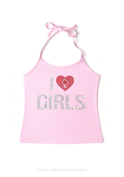 Rhinestone I Love Girls Pride Y2K Halter Neck Cami Cherrykitten