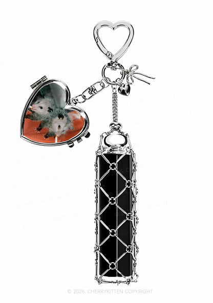 Smoking Badass Possum 1pc Y2K Metal Mesh Lipstick Holder Keychain With Mirror Cherrykitten