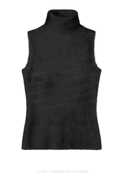 Plain Black Y2K Knit Turtleneck Tank Top Cherrykitten