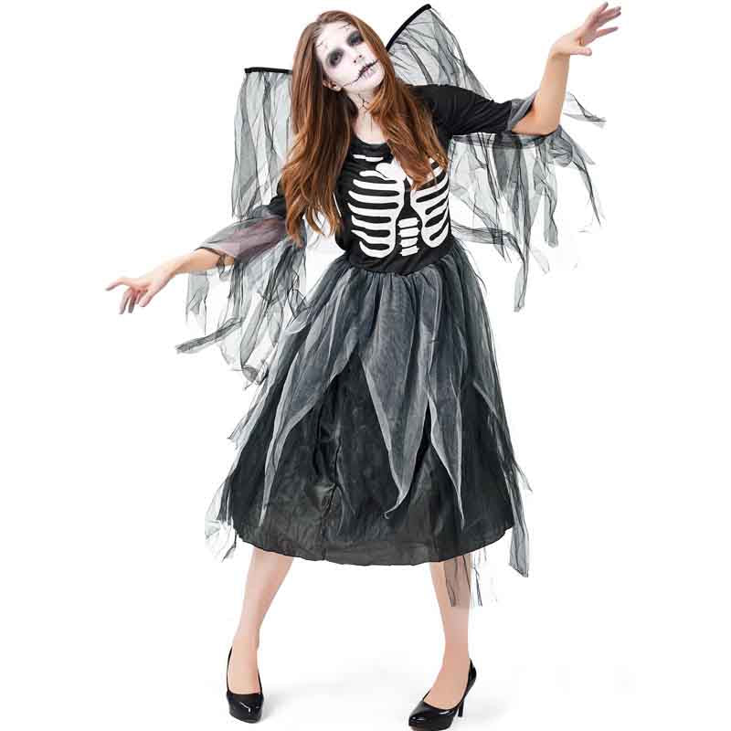 Skeleton Print Mesh Dress Y2K Halloween Cosplay Costume