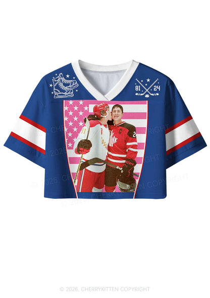 Retro Blue Kissing HR Y2K Crop Sport Jersey Shirts Cherrykitten