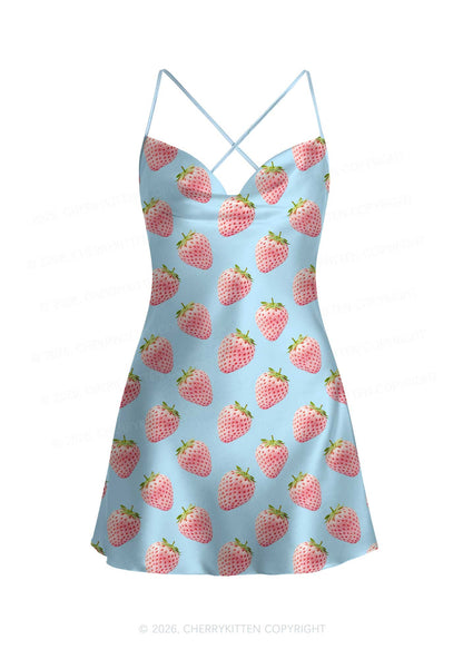 Pastel Pink Strawberry Y2K Print Satin Cowl Neck Slip Dress Cherrykitten