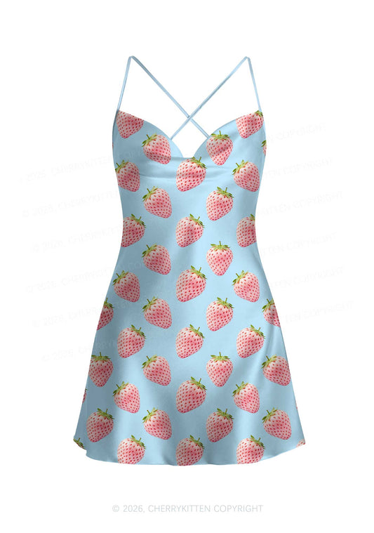 Pastel Pink Strawberry Y2K Print Satin Cowl Neck Slip Dress Cherrykitten