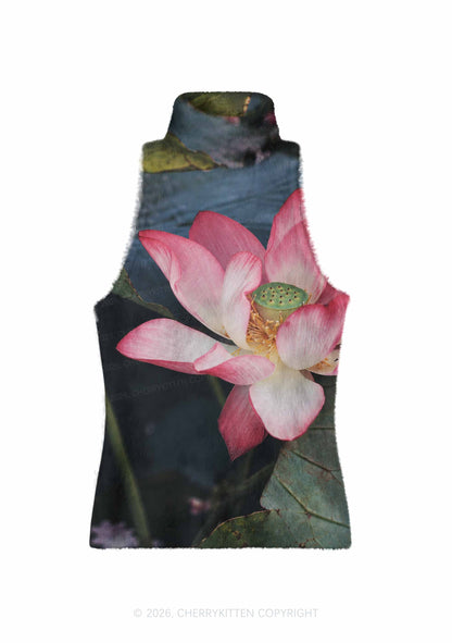 Pink Lotus Pond Y2K Knit Turtleneck Tank Top Cherrykitten