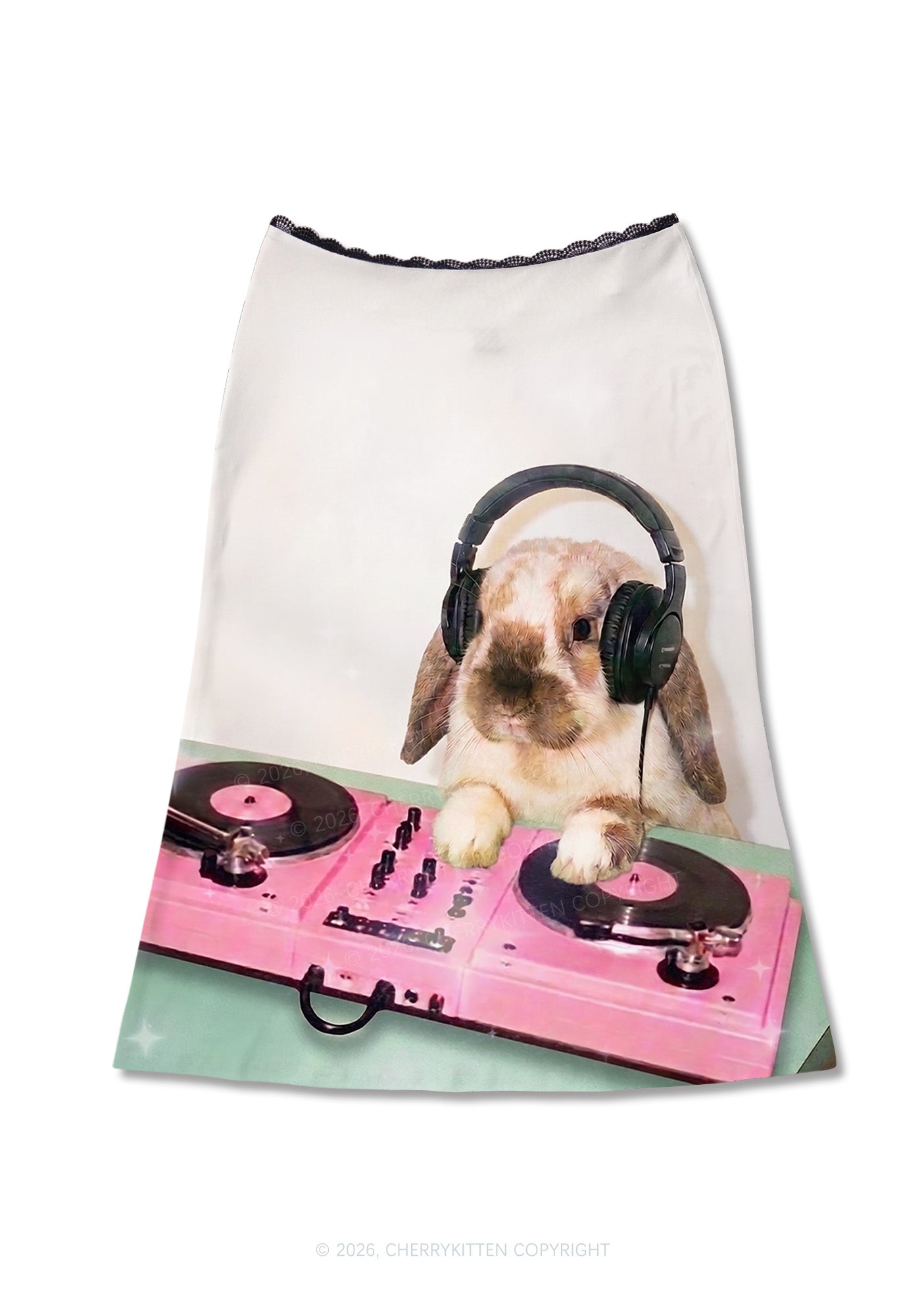 Lop Eared Bunny DJ Y2K Print Midi Skirt Cherrykitten