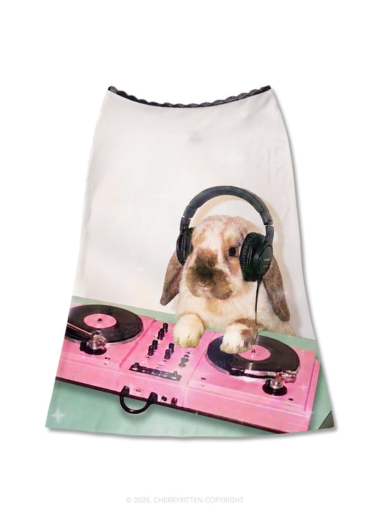 Lop Eared Bunny DJ Y2K Print Midi Skirt Cherrykitten