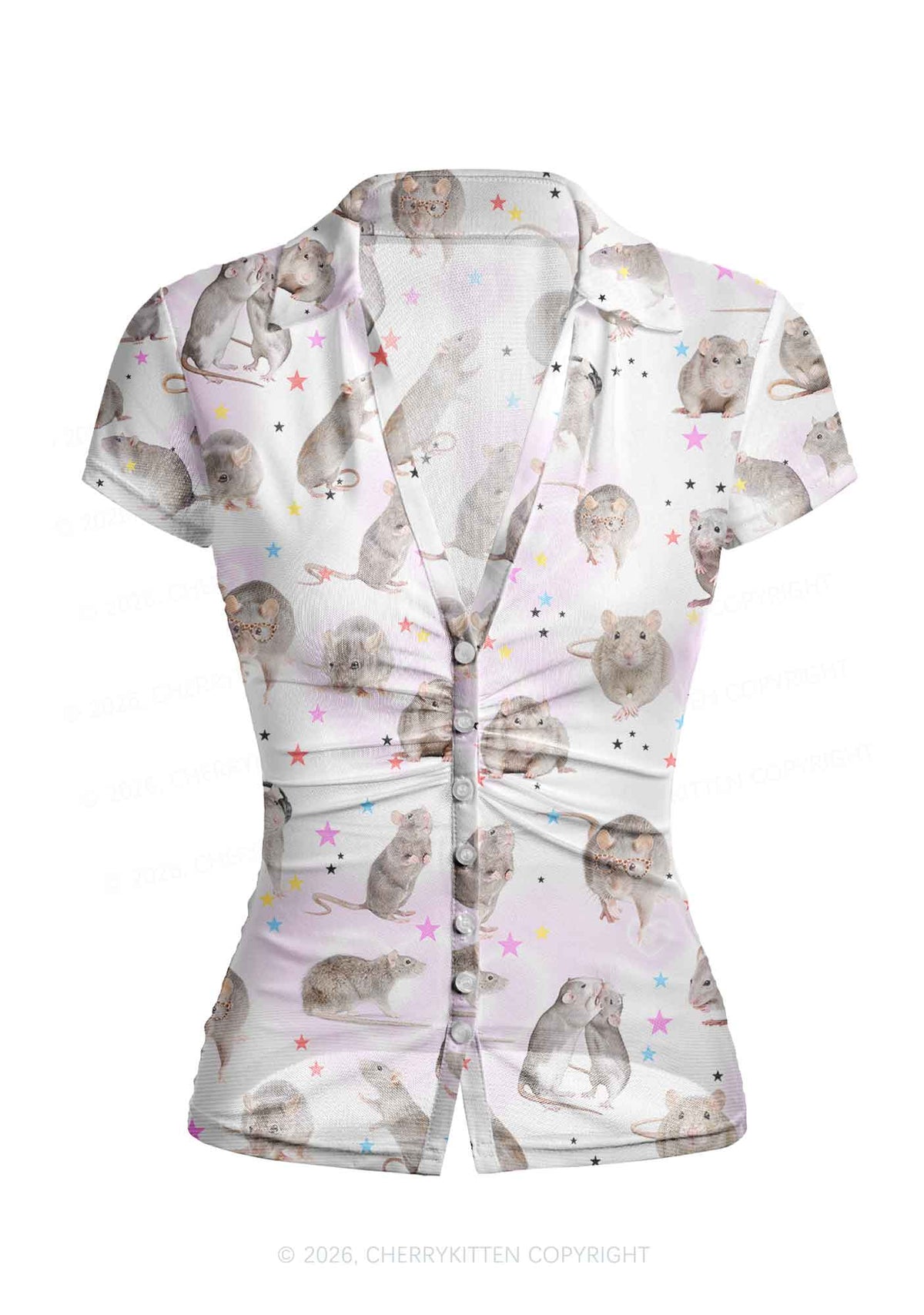 Cute Rats Y2K Mesh Ruched Waist V Neck Top Cherrykitten