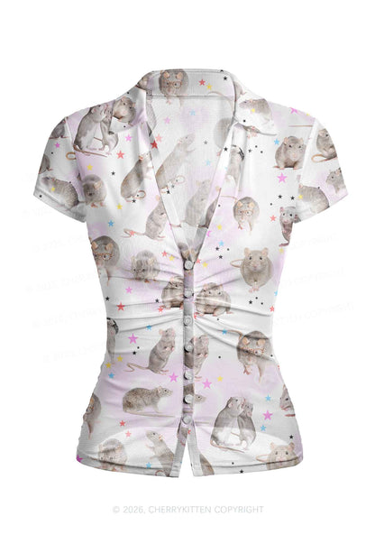 Cute Rats Y2K Mesh Ruched Waist V Neck Top Cherrykitten