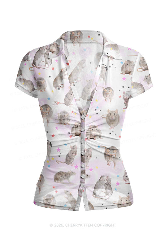 Cute Rats Y2K Mesh Ruched Waist V Neck Top Cherrykitten