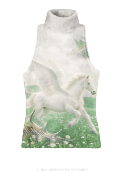 White Winged Horse On Meadow Y2K Knit Turtleneck Tank Top Cherrykitten