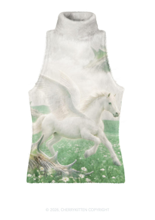 White Winged Horse On Meadow Y2K Knit Turtleneck Tank Top Cherrykitten