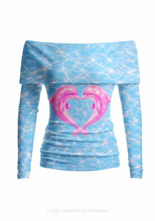 Pink Dolphin Couple Heart Y2K Off Shoulder Fold Over Knit Top Cherrykitten