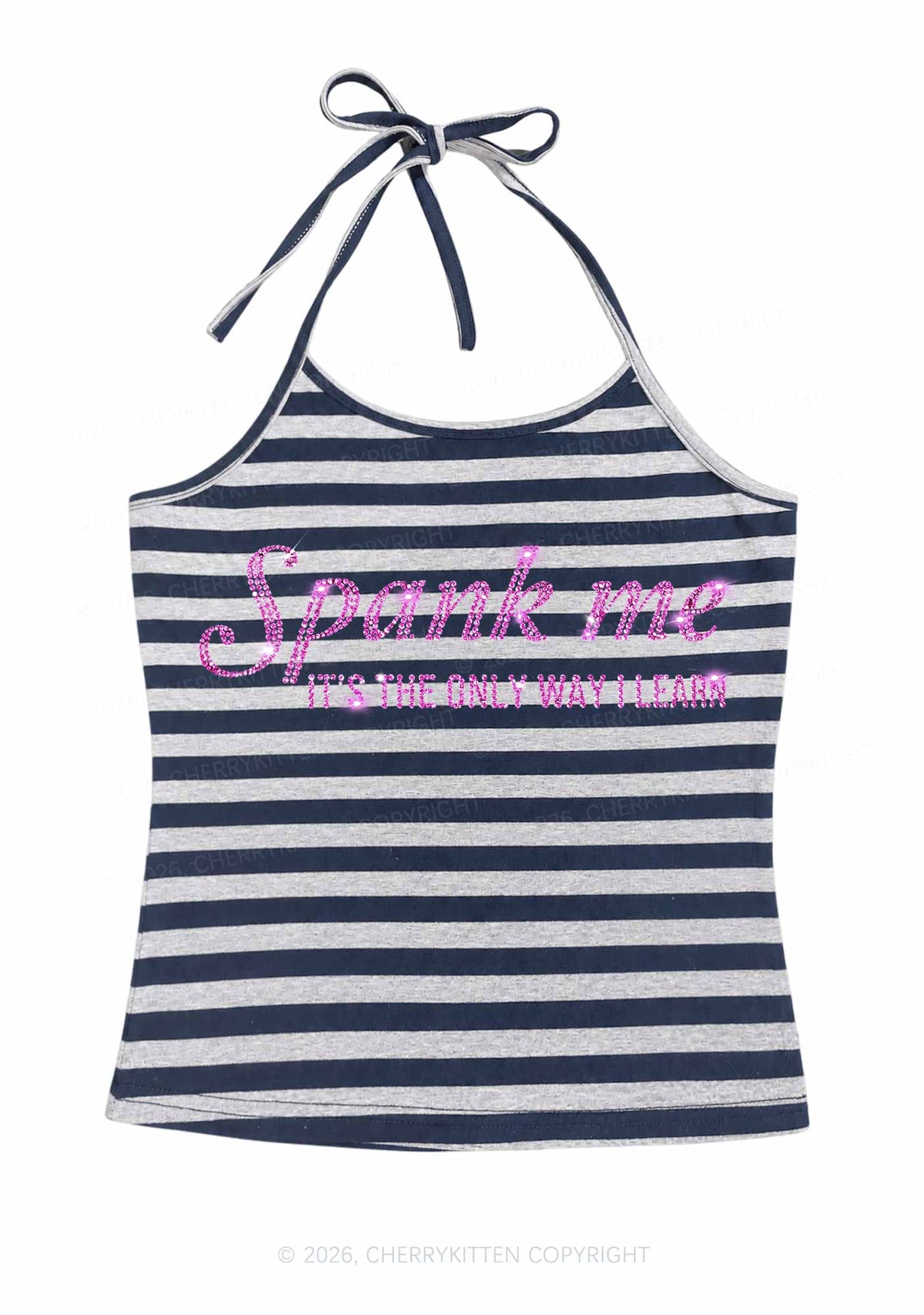 Rhinestone Spank Me Y2K Navy Grey Striped Halter Neck Cami Cherrykitten