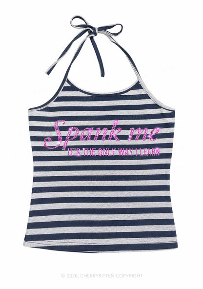 Rhinestone Spank Me Y2K Navy Grey Striped Halter Neck Cami Cherrykitten