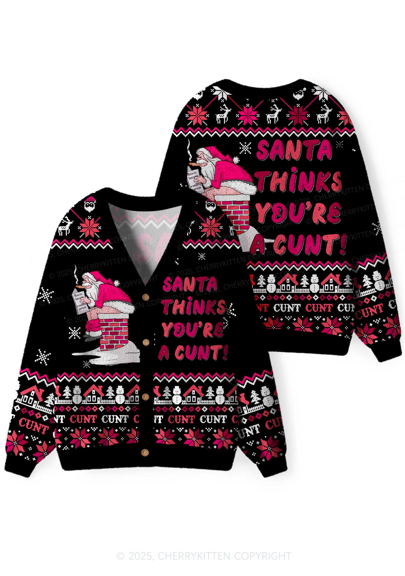 Santa Thinks Youre A Cxxt Y2K Christmas Cardigan Knit Sweatshirt Cherrykitten