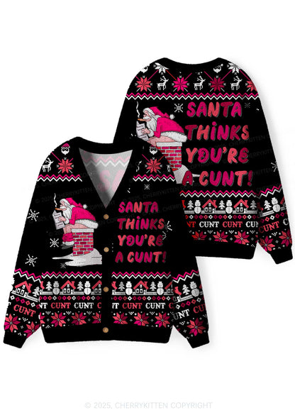Santa Thinks Youre A Cxxt Y2K Christmas Cardigan Knit Sweatshirt Cherrykitten