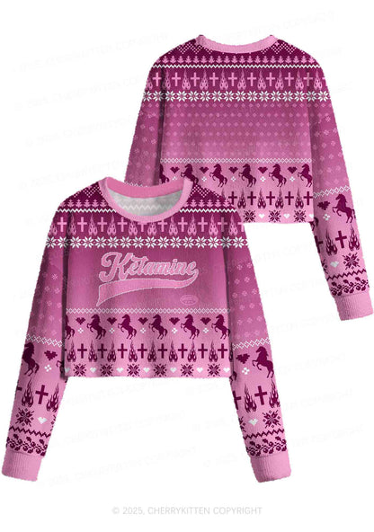 Pink K Pony Y2K Christmas Crop Knit Sweatshirt Cherrykitten