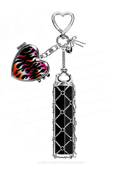 Lesbian Flame Pride 1pc Y2K Metal Mesh Lipstick Holder Keychain With Mirror Cherrykitten