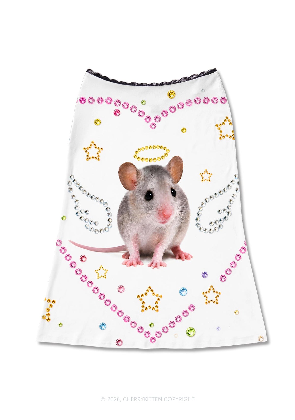 Rhinestone Angel Rat Y2K Print Midi Skirt Cherrykitten