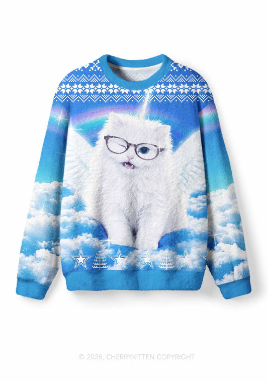 White Angel Glasses Cat Y2K Knit Sweatshirt Cherrykitten
