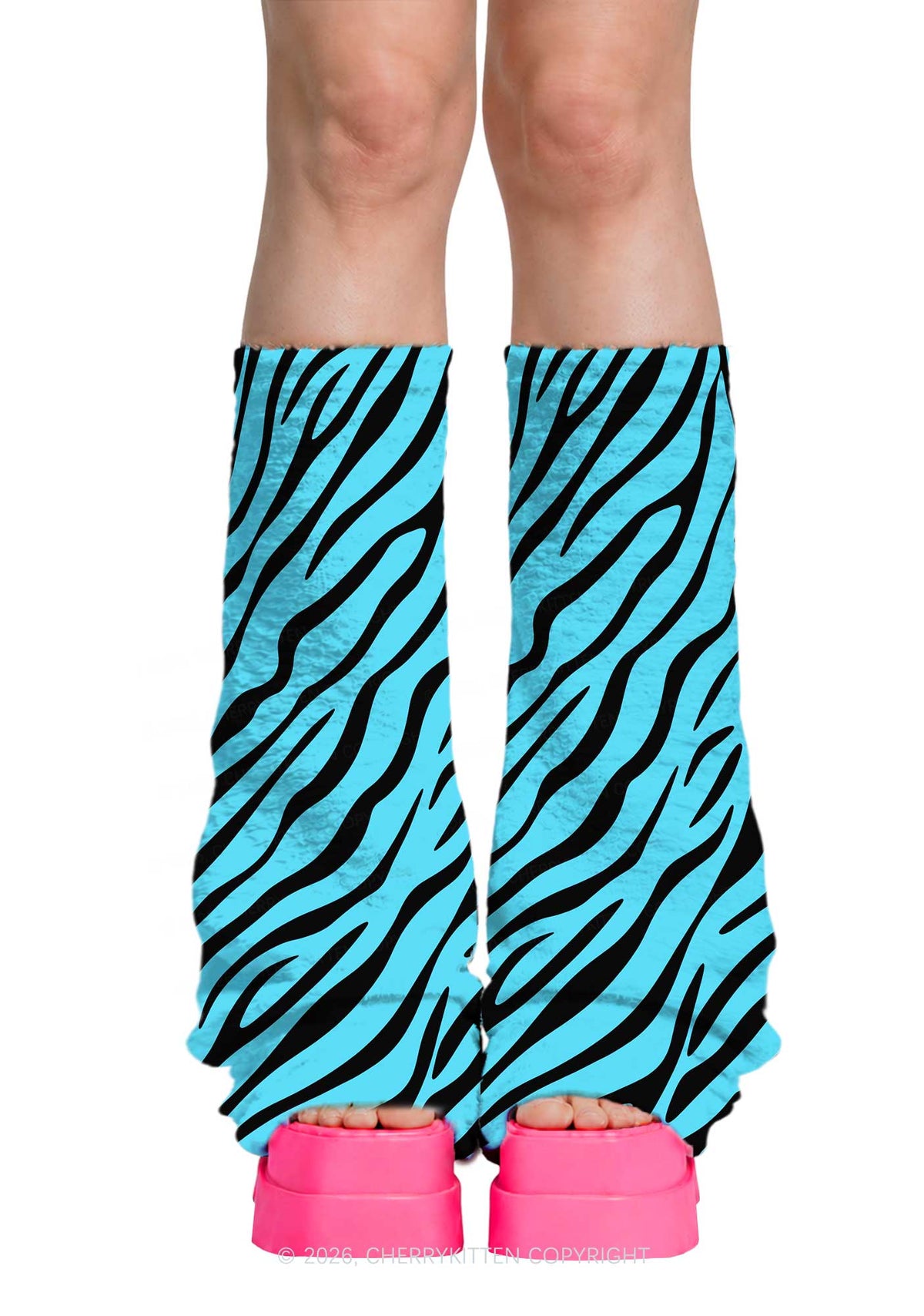 Mint Blue Zebra Stripe Y2K Print Fuzzy Flared Leg Warmers Cherrykitten
