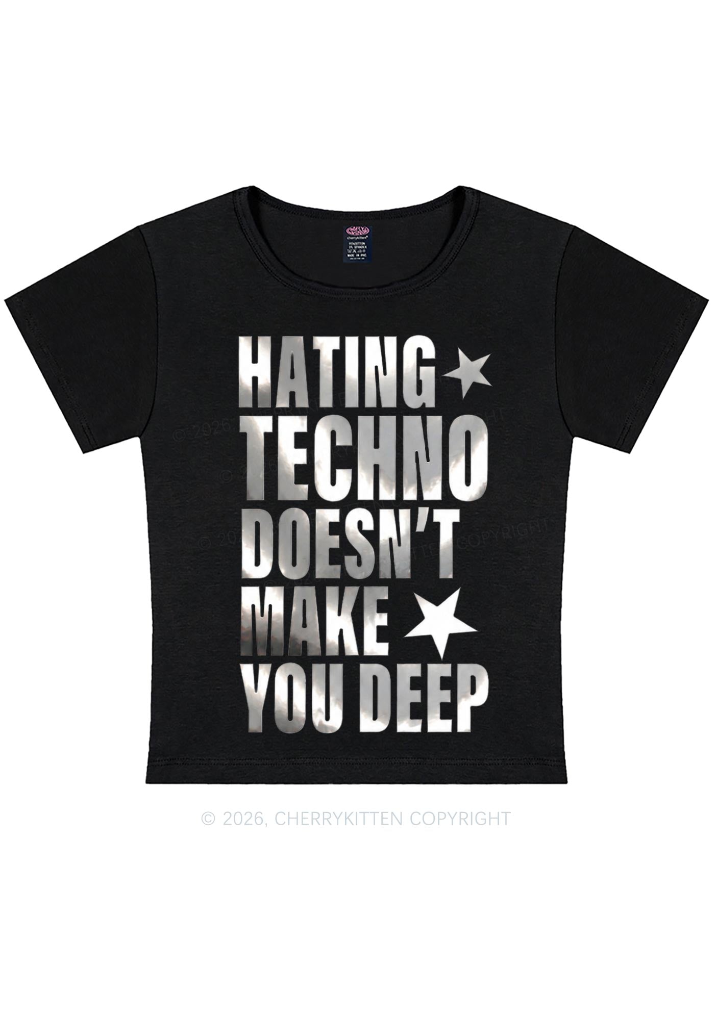 Hating Techno Silver Foil Printed Y2K Baby Tee Cherrykitten