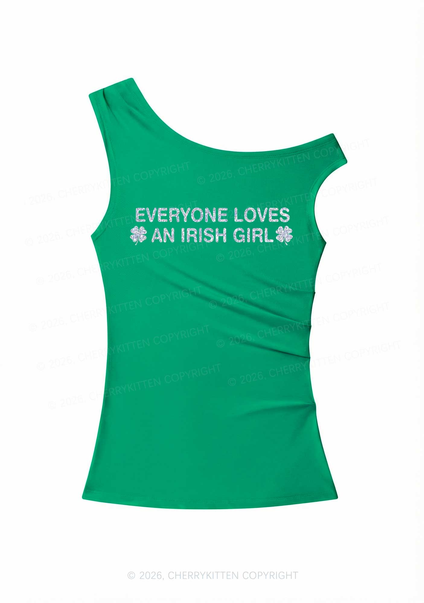 Glitter Everyone Loves Irish Girl St Patricks Y2K Off Shoulder Tank Top Cherrykitten