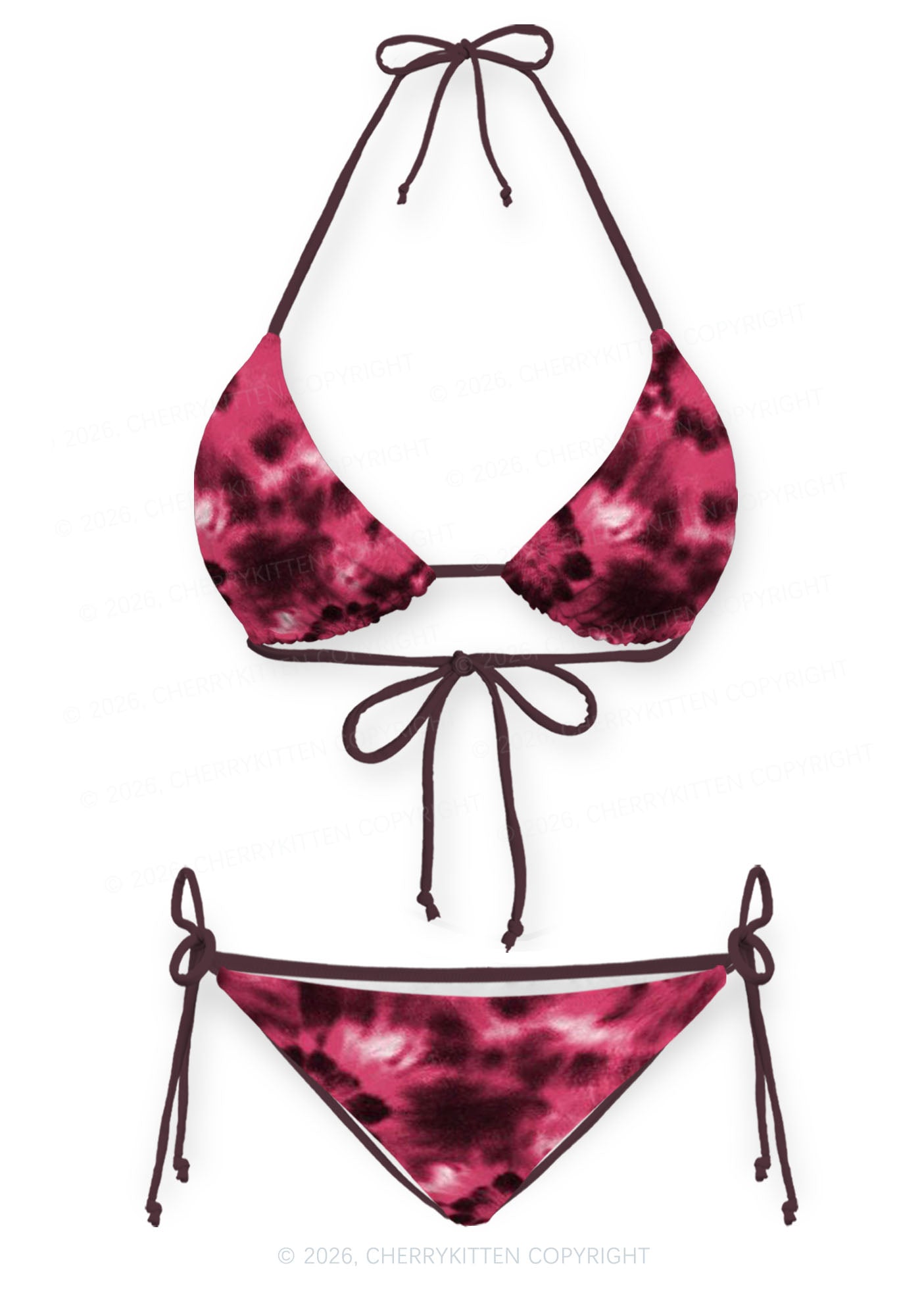 Wine Red Tie Dye Y2K Print Bikini Set Cherrykitten