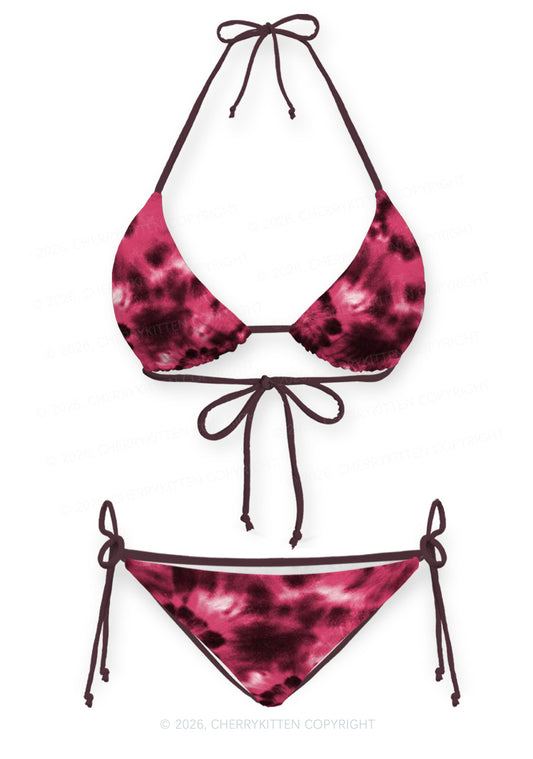 Wine Red Tie Dye Y2K Print Bikini Set Cherrykitten