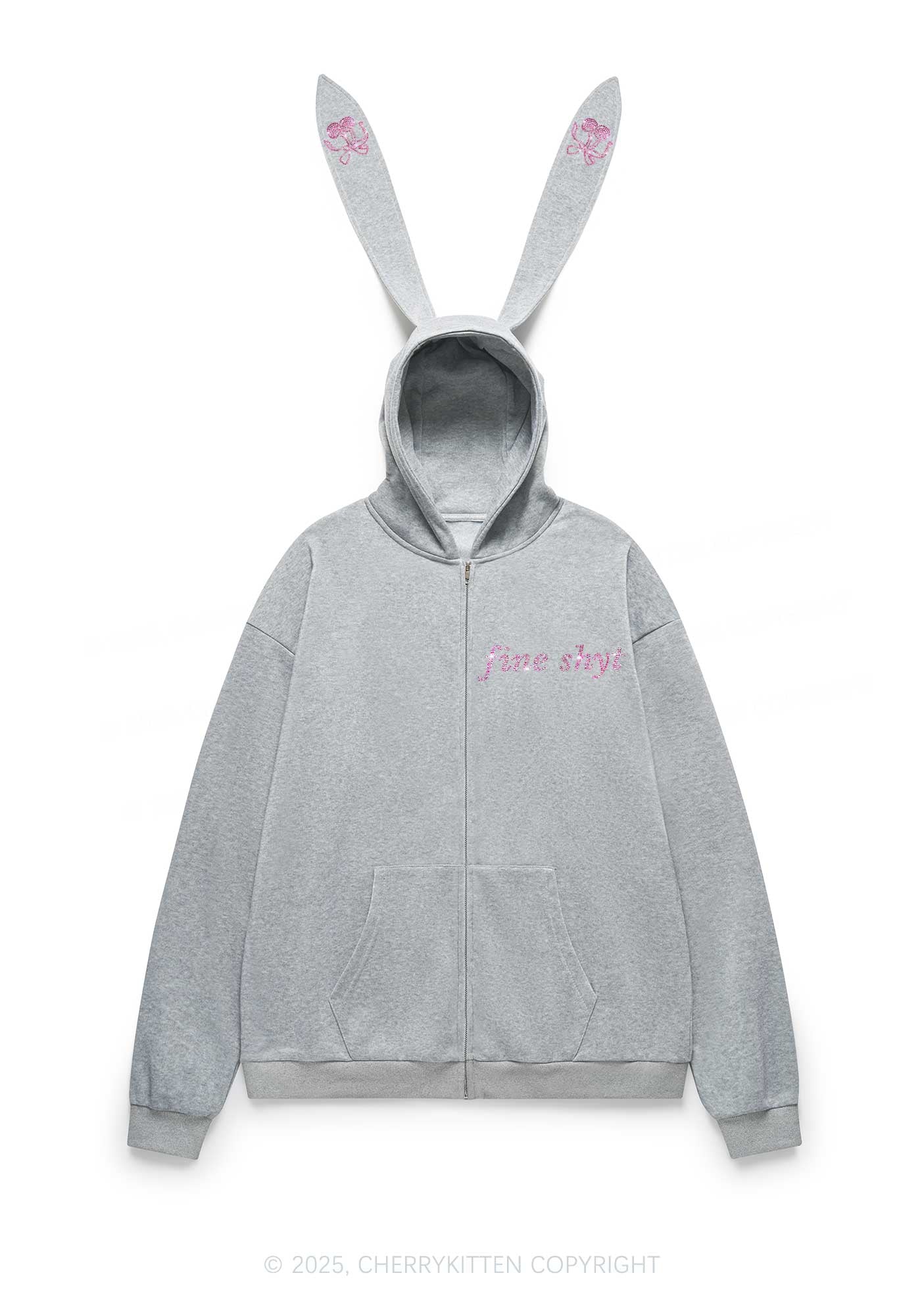 Rhinestone Fine Shyt Y2K Bunny Ear Zip Hoodie Cherrykitten