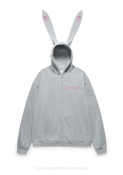 Rhinestone Fine Shyt Y2K Bunny Ear Zip Hoodie Cherrykitten