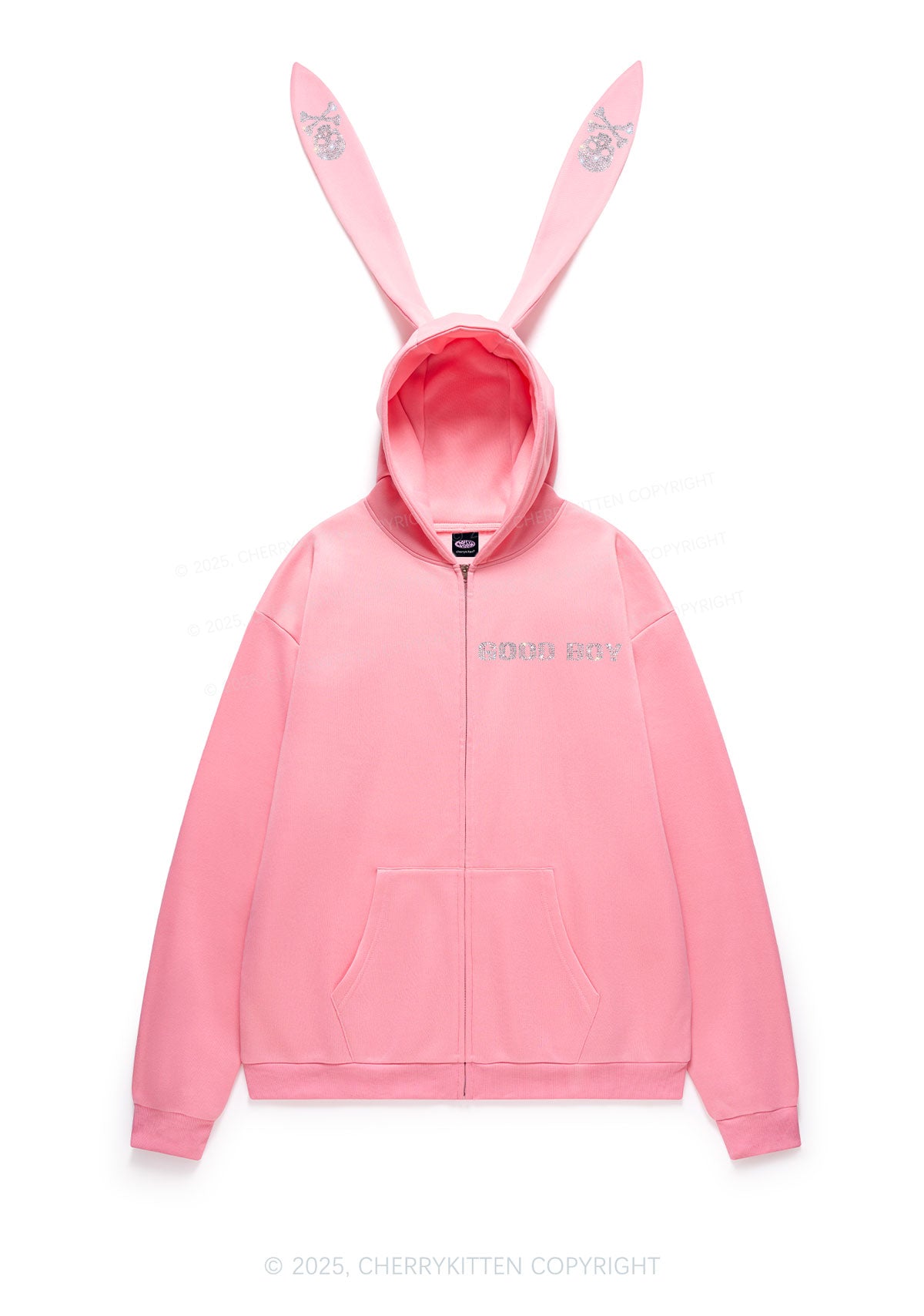 Rhinestone Good Boy Y2K Bunny Ear Zip Hoodie Cherrykitten