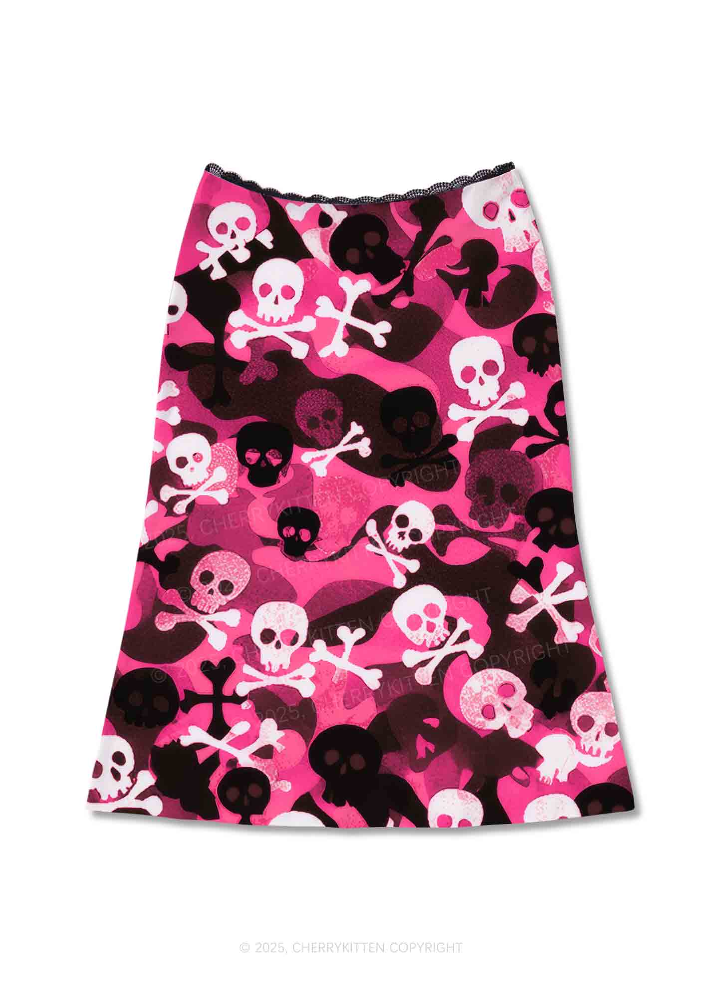 Halloween Pink Camouflage Skull Y2K Print Midi Skirt Cherrykitten