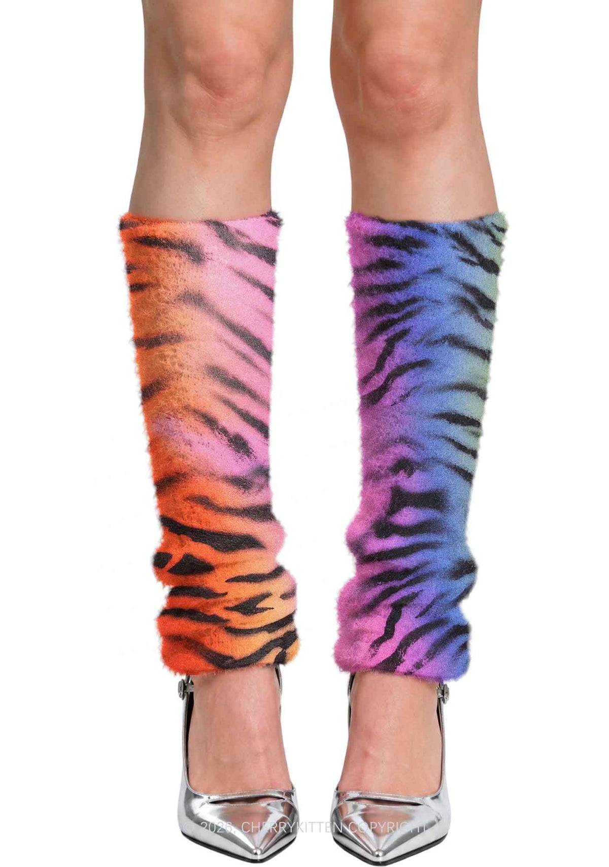 Rainbow Gradient Tiger Stripe Y2K Print Fuzzy Straight Leg Warmers Cherrykitten