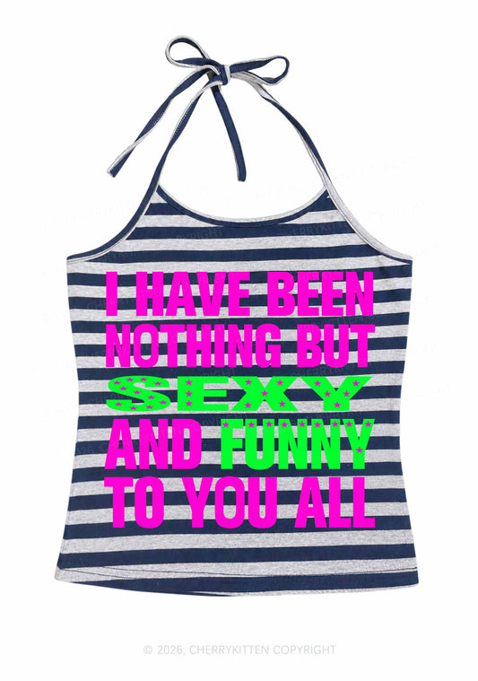 Sx And Funny Y2K Navy Grey Striped Halter Neck Cami Cherrykitten
