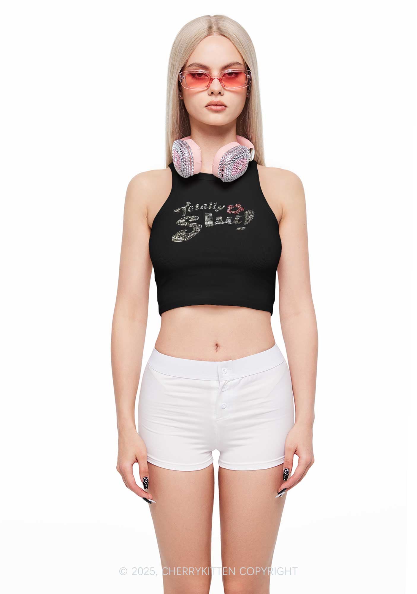 Rhinestone Totally Slxt Y2K Crop Tank Top Cherrykitten