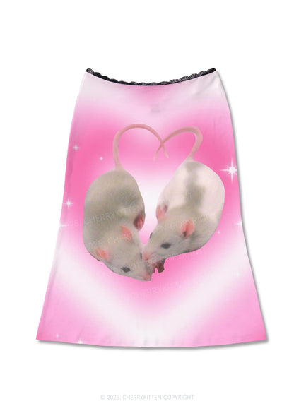 Pink Sweet Rats Valentine's Day Y2K Print Midi Skirt Cherrykitten