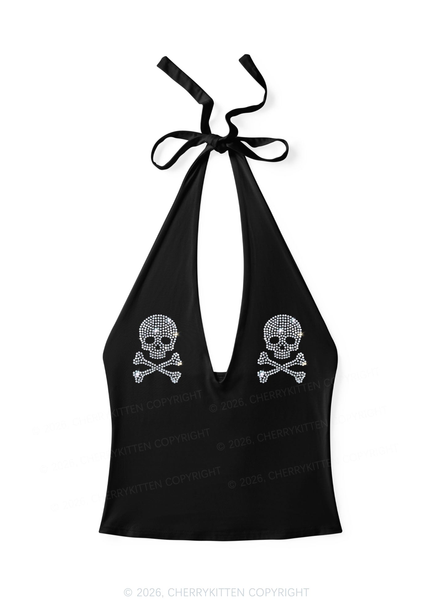 Rhinestone Skull Y2K Halter Deep V Neck Cami Cherrykitten