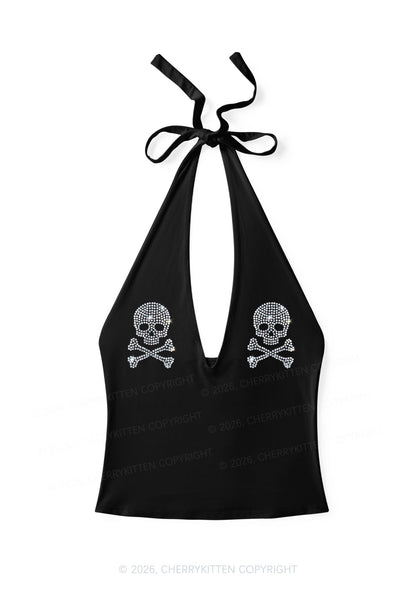 Rhinestone Skull Y2K Halter Deep V Neck Cami Cherrykitten