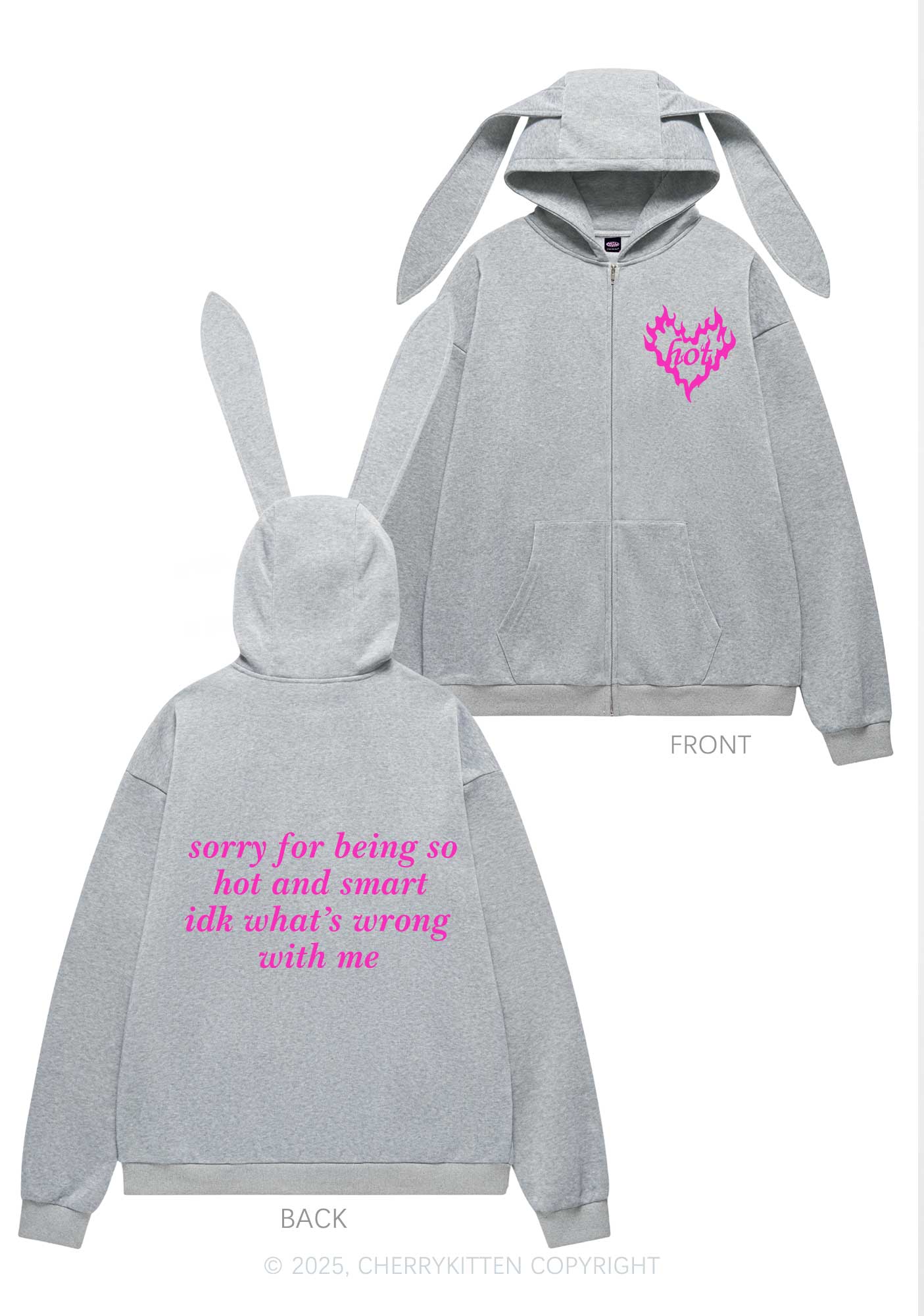 Sorry For Being So Smart Y2K Bunny Ear Zip Hoodie Cherrykitten