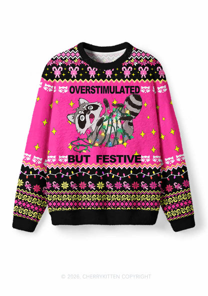 Overstimulated But Festive Raccoon Y2K Knit Sweatshirt Cherrykitten
