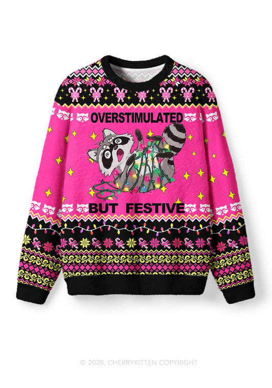 Overstimulated But Festive Raccoon Y2K Knit Sweatshirt Cherrykitten