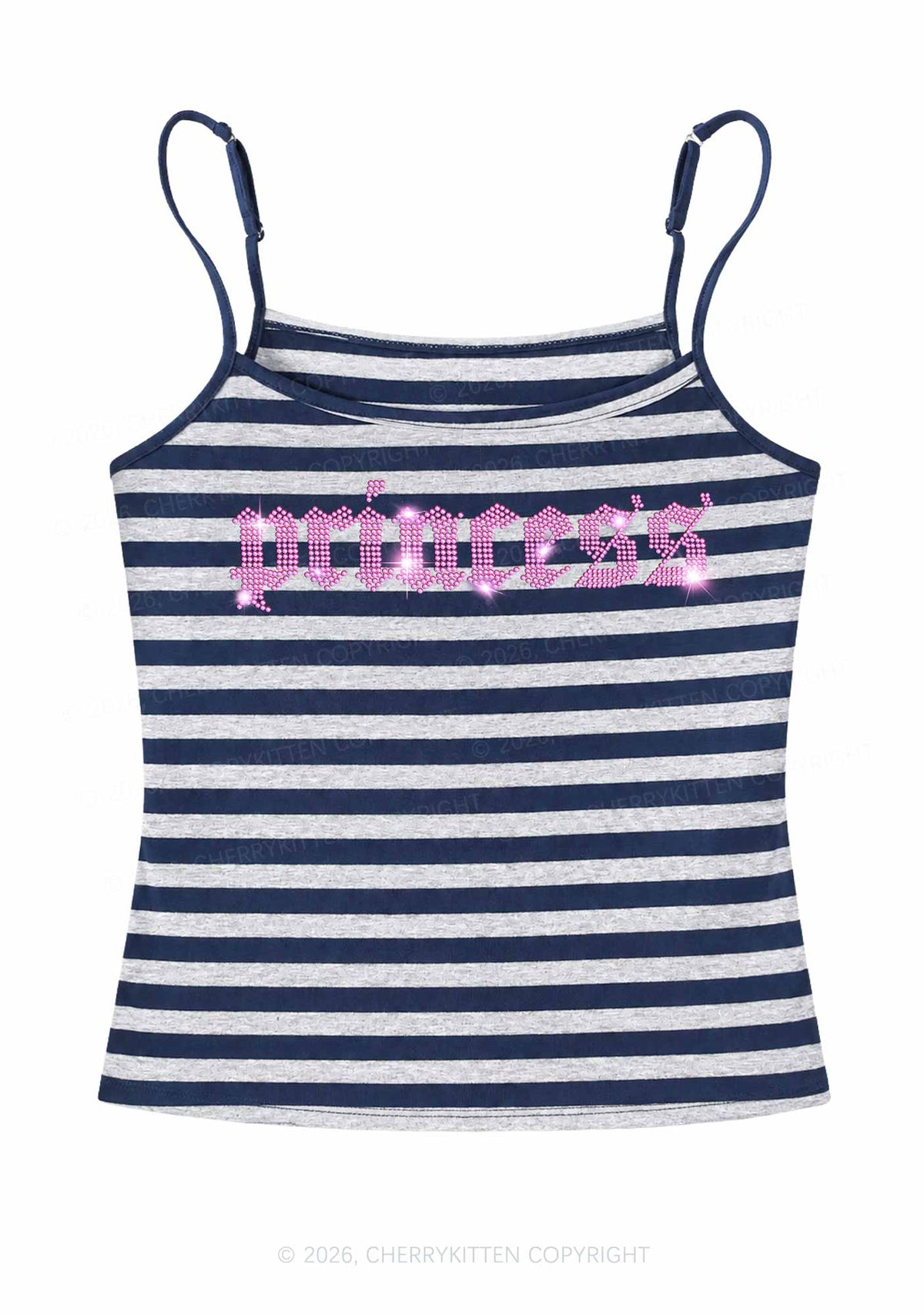 Rhinestone Princess Y2K Navy Grey Striped Spaghetti Strap Cami Cherrykitten