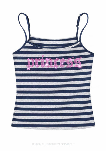 Rhinestone Princess Y2K Navy Grey Striped Spaghetti Strap Cami Cherrykitten