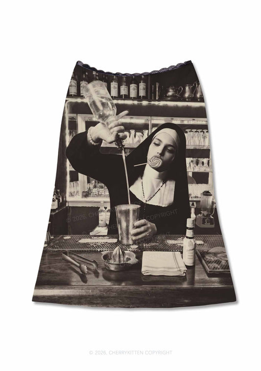 Nun Bartender Y2K Print Midi Skirt Cherrykitten